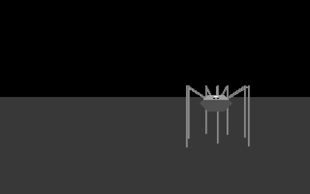 Animated capture of the ARACHNO intro: a flat-shaded spider paces left and right across a two-tone gray ground, blinking, then fires a red laser cone at the camera each time it crosses center.